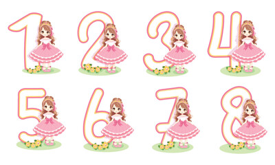 Set of white numbers with cute princess girl in pink dress on white background. Happy Birthday concept. Vector illustration in flat cartoon style