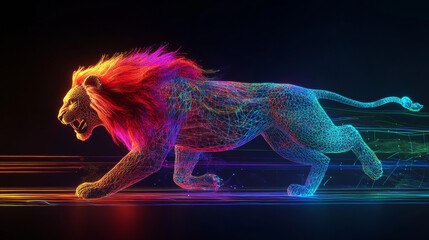 3D render art of a wild beast, depicting a lion in mid-run attack motion, designed with a wire mesh structure and illuminated by neon glowing laser light lines in a rainbow gradient, set against a bla