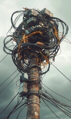 Tangled cables on a utility pole.
