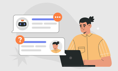 AI chat bot and user communication concept, man asking Artificial Intelligent robot for business advice, customer chatting with human assistant online. Flat vector illustration on isolated background