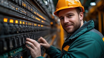 Employee working with a programmable logic controller PLC in a factory, demonstrating the role of automation in optimizing production processes