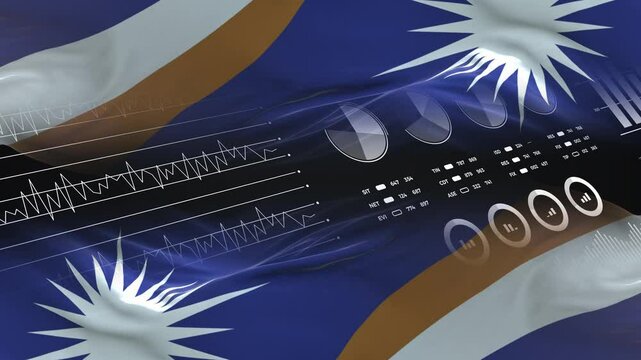 Marshall Islands flag - Waving flag on celebrating fireworks for national holiday day. Ceremony for patriotic celebration of nation 
