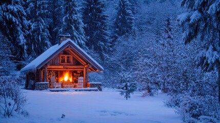 A cozy winter cabin with a crackling fireplace and snowy landscape, Winter retreat theme, Cozy style