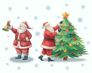 Santa claus decorates the Christmas tree Santa rings the bell Watercolor characters