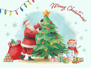 Naklejka premium Merry Christmas greeting card with Santa Claus decorating tree, lights, gifts, snowman, red bag, snowflakes