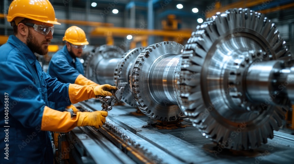 Poster team of workers assembling complex machinery in a factory, illustrating teamwork and precision in in