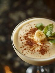 Close-Up of Banana Smoothie Topped with Fresh Banana Slices and Crushed Nuts on a Dark Background