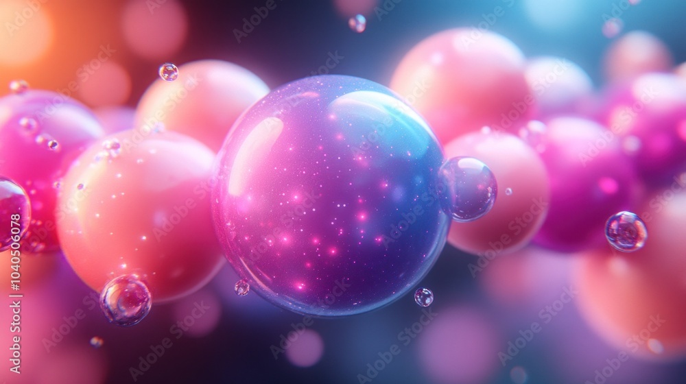Poster a captivating display of interconnected spheres in various colors, featuring glowing effects and flo