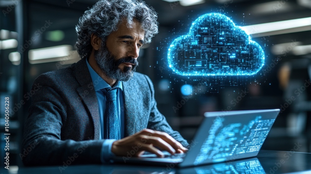 Poster business professional using cloud-based software on a laptop while collaborating with a remote team,