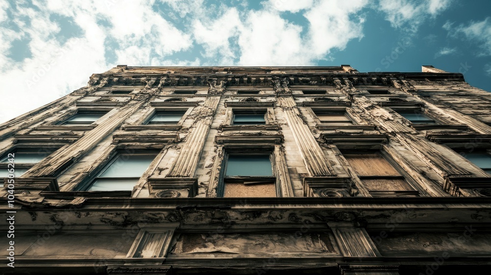 Poster an upward view of a weathered facade with broken windows
