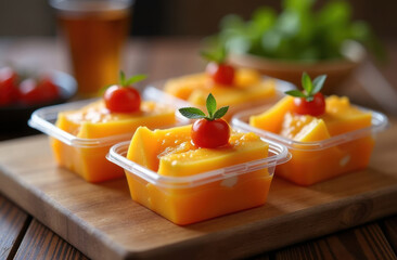 wooden board with different hard types of sliced ​​and packaged cheese and green leaves on top