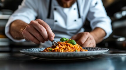 Chef preparing a gourmet dish in a restaurant kitchen, showcasing the creativity and precision involved in the culinary arts