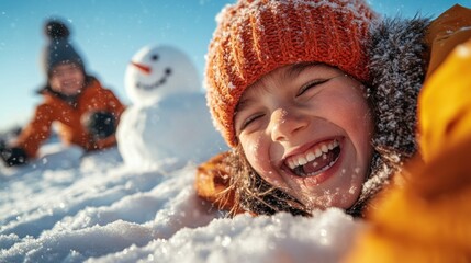 Children playing in the snow, building a snowman and laughing, highlighting the playful and magical spirit of winter holidays