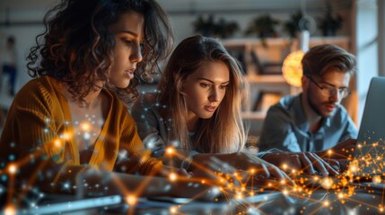 Diverse global workforce using technology for data analysis, customer service, and outsourcing solutions. Emphasis on teamwork and social networks