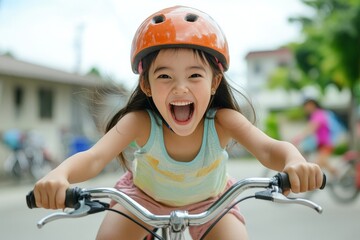 Naklejka premium Joyful Girl Riding Bicycle with Helmet