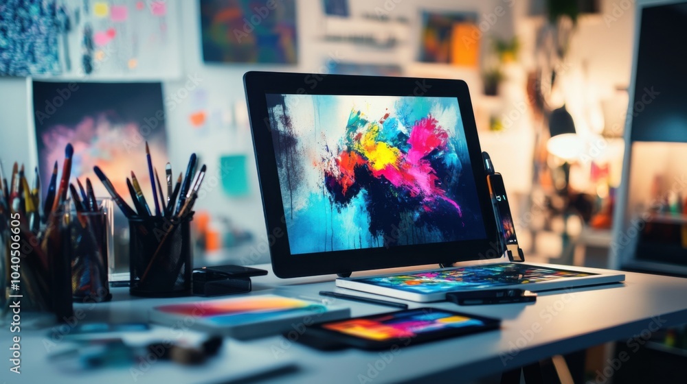 Poster a creative composition of a digital art tablet on a sleek desk with a vibrant abstract artwork being