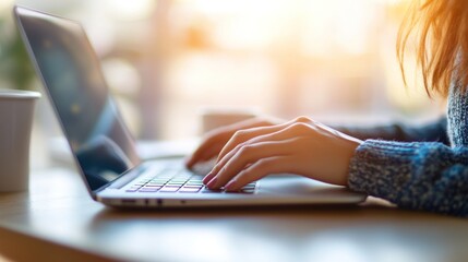 In a bustling coffee shop, a person focuses intently on their laptop screen while typing, with a warm cup of coffee close by and sunlight illuminating the workspace