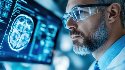 A scientist wearing glasses carefully examines detailed brain scan results displayed on a high-tech monitor, showcasing dedication and precision in medical research