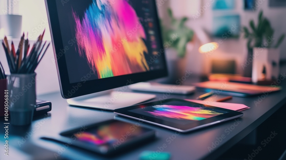 Poster a creative composition of a digital art tablet on a sleek desk with a vibrant abstract artwork being