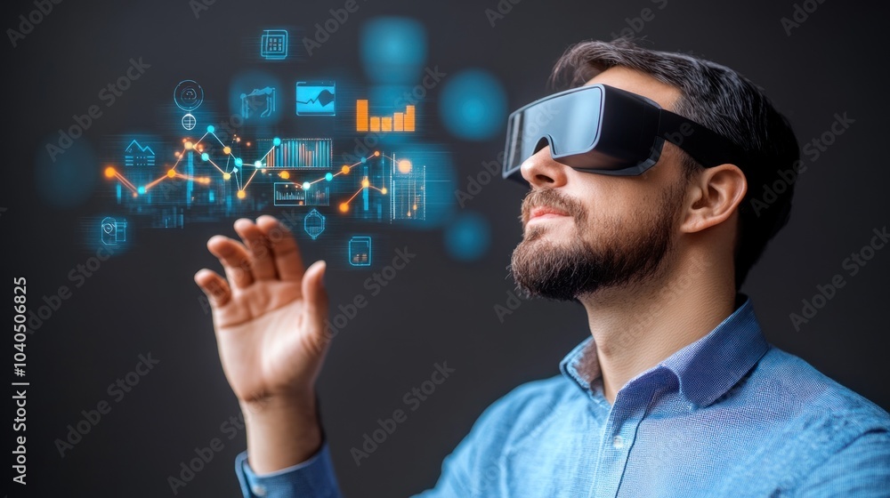 Poster a man engages with futuristic data visualizations while wearing a virtual reality headset. the setti