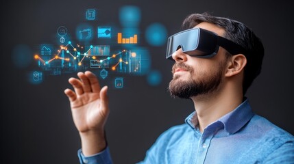 A man engages with futuristic data visualizations while wearing a virtual reality headset. The setting is dimly lit, highlighting his concentration on the interactive elements