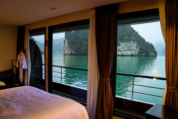 Interior of a luxurious cabin of an vessel cruising at Halong Bay, Vietnam