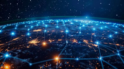 Earth with a network of digital lines showing global telecommunication and cryptocurrency