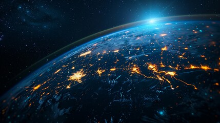 Earth with a network of digital lines showing global telecommunication and cryptocurrency