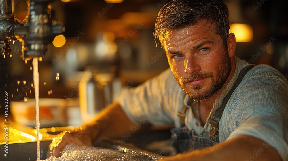 Poster man trying to fix a clogged sink in the kitchen, representing the unexpected household tasks that ar