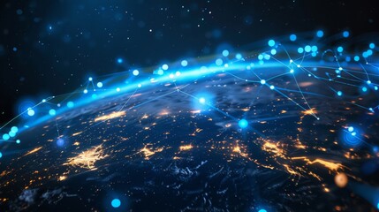 Earth with a network of digital lines showing global telecommunication and cryptocurrency