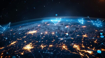 Earth with a network of digital lines showing global telecommunication and cryptocurrency