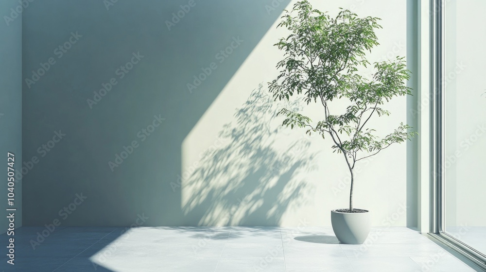 Poster a small potted tree stands alone in a minimalist room, illuminated by soft natural light that create
