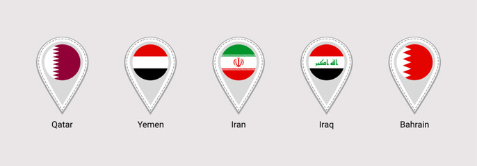 Fototapeta premium Qatar, Bahrain, Iran, Iraq, Yemen flags map pins isolated icons vector illustration. Asian states location point. Official symbols stickers signs with. Eastern countries markers badges.