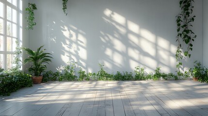 Sunlight streams through the large windows, creating beautiful shadows on the wooden floor while indoor plants add a touch of nature to the serene room