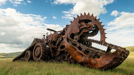 Rusty Excavator Remains in a Grassy Field
