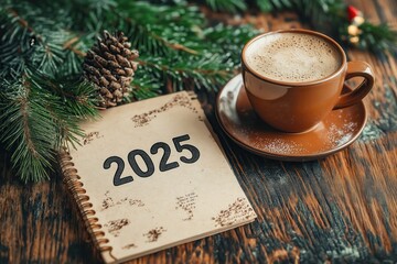 diary with text "2025" and a cup of coffee with a spruce branch. New Year's background with space for text. Plans for the new year