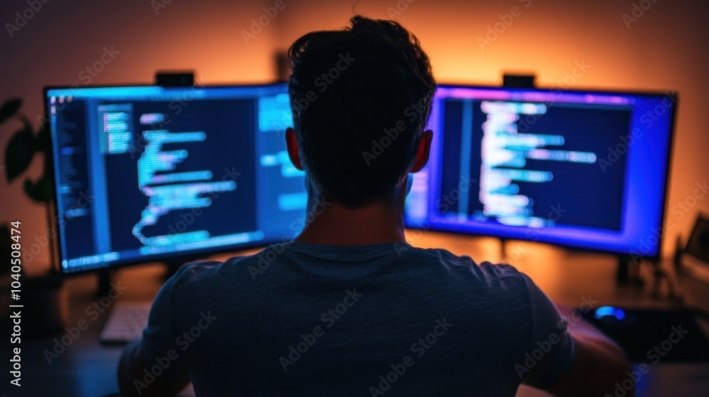 Poster a person is intensely engaged in coding at a desk, surrounded by dual monitors displaying colorful c