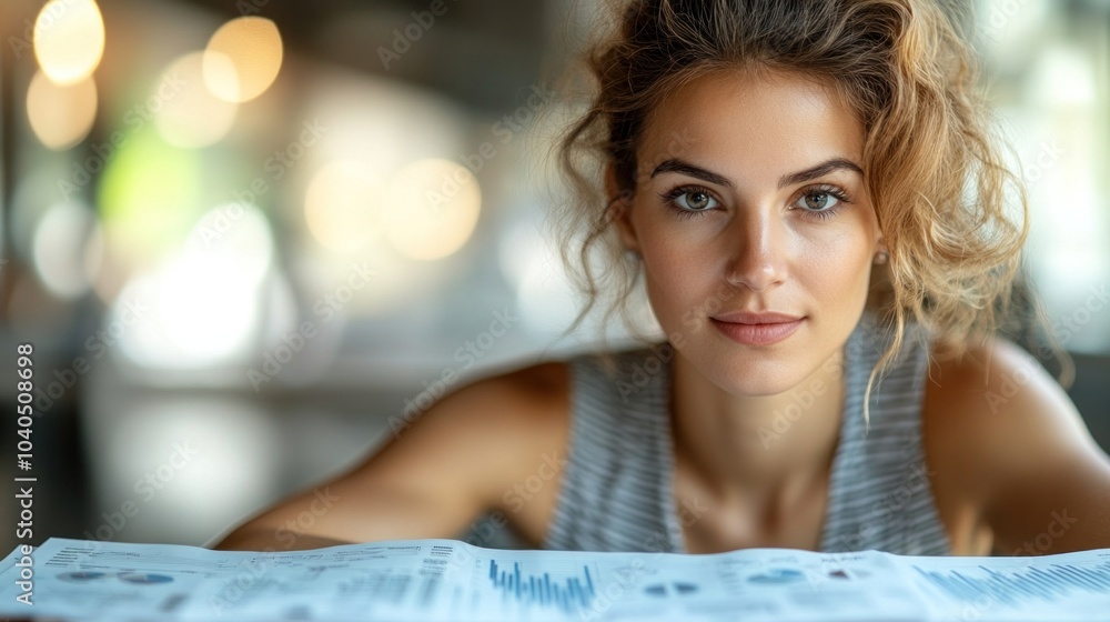 Poster woman reviewing a financial report with charts and graphs, demonstrating how data analysis contribut