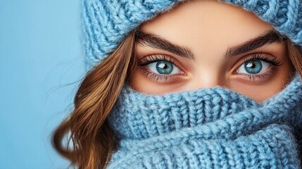 A young woman captures attention with her vibrant blue eyes while clad in a soft blue knit hat and scarf, warmly wrapped for a chilly winter day in a serene blue setting