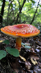 beautiful closeup of forest mushrooms in grass, autumn season. little fresh mushrooms, growing in Autumn Forest. mushrooms and leafs in forest. Mushroom picking concept. Magical
