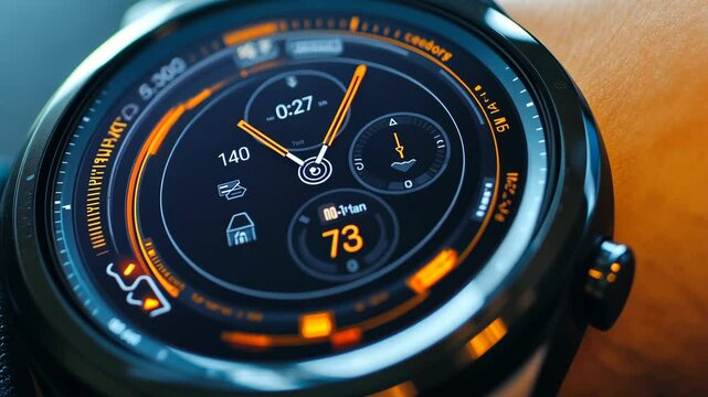 A close-up of a smartwatch displaying the time, 0:27, and a heart rate of 73