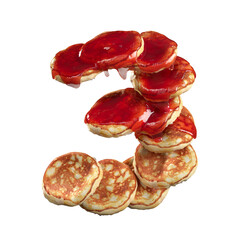 Pancake alphabet number 3 on a transparent background, 3D render.