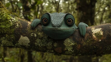 Chameleon’s colors shift seamlessly, blending with nature on a tree branch