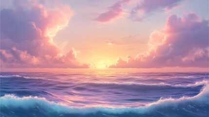 Obraz premium Visuals evoke a sense of peace with a calm ocean under a pastel sunset, soft waves, and a gentle horizon.