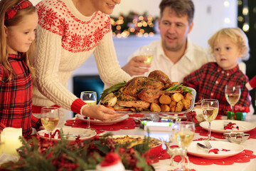 Family with kids having Christmas dinner at tree