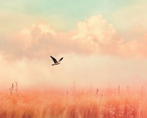 Fototapeta premium Visuals that evoke a sense of peace show a peaceful meadow, a lone bird flying through under soft pastel skies.