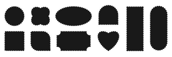 Retro scallop frames set in abstract geometric form circles, oval, square, rectangle, flower, heart shapes isolated on transparent background. Vector vintage element for ticket, lace edges border.