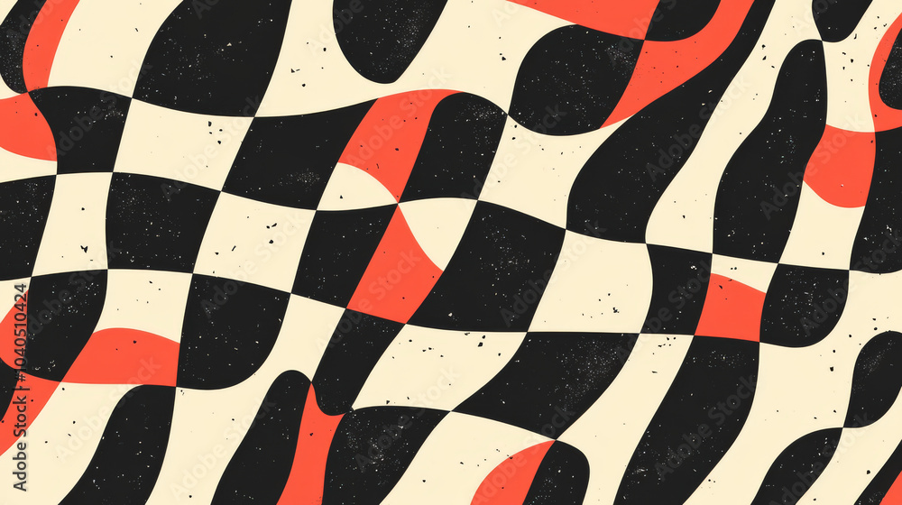 Poster brutalist geometric forms and modern symbols. a funky checkered pattern with a distorted tiled grid.