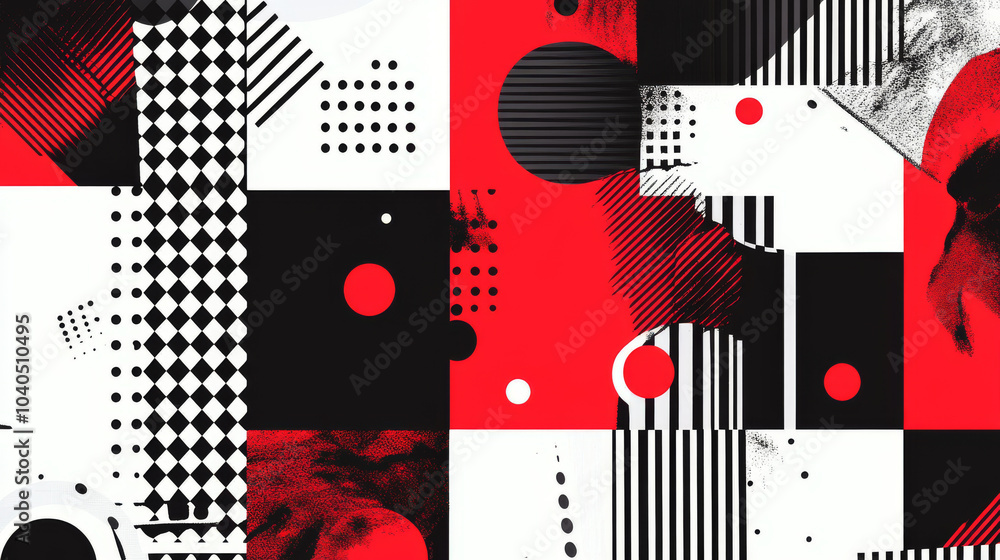 Poster brutalist geometric forms and modern symbols. a funky checkered pattern with a distorted tiled grid.