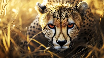 Obraz premium A close-up of a Cheetah crouched low in the tall grass, its eyes focused on its prey 